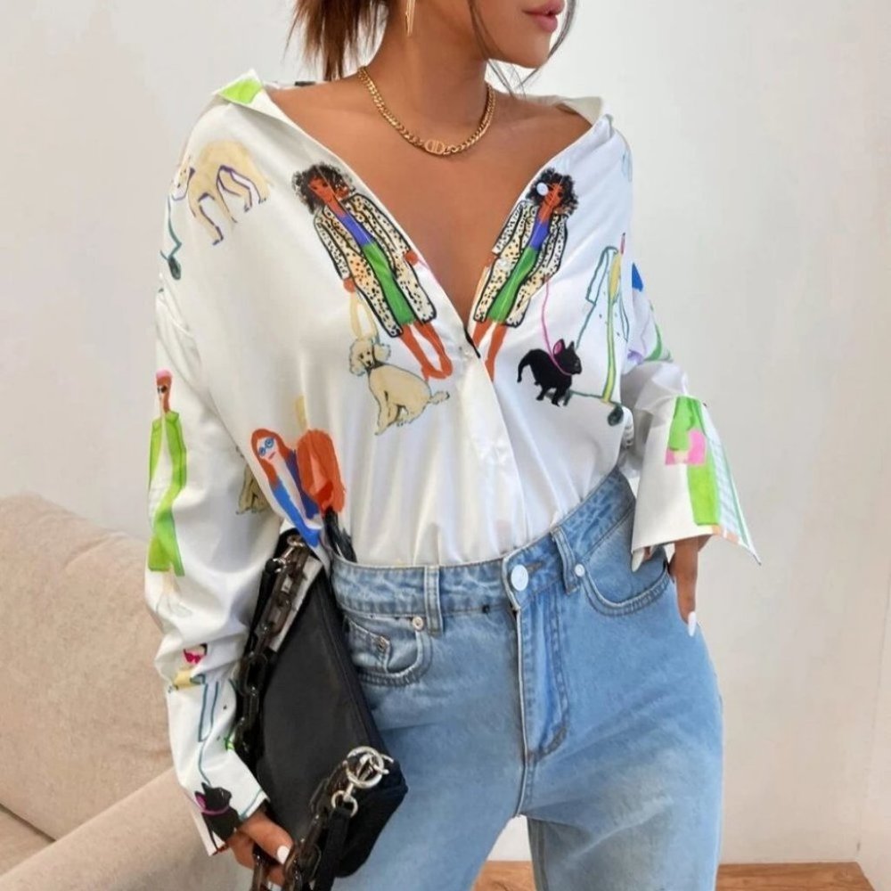 Firgure Print Contemporary Button down long sleeve blouse top - Picture 7 of 7